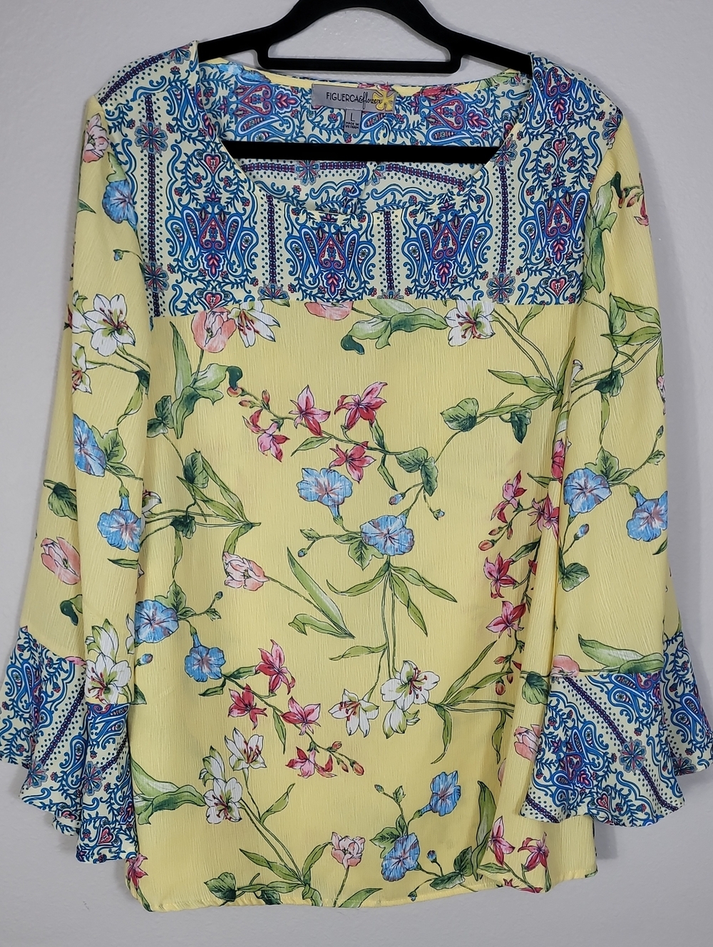 Figueroa & Flower Floral Blouse Size Large Yellow Blue Boho